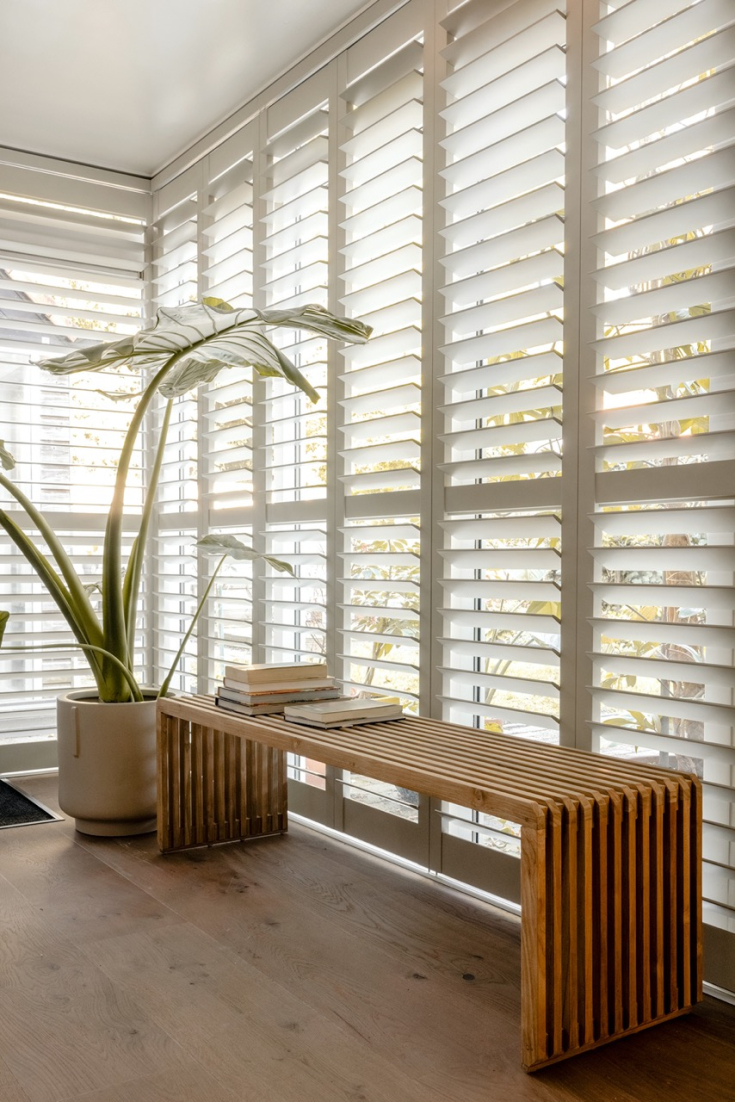Lichte, moderne woonkamer met witte shutters die het natuurlijke licht filteren, een houten bankje en een grote groene plant in een pot