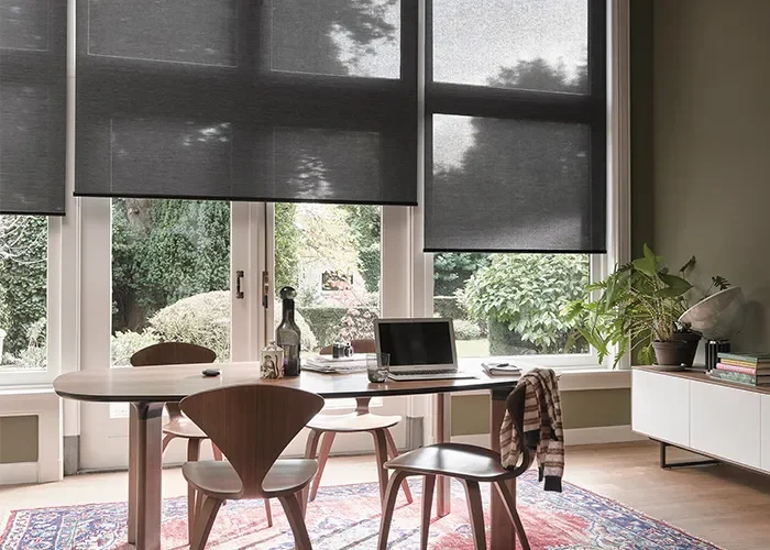 Binnen interieur met een eettafel en stoelen op een roodblauw kleed en donkergrijze binnenzonwering voor de ramen